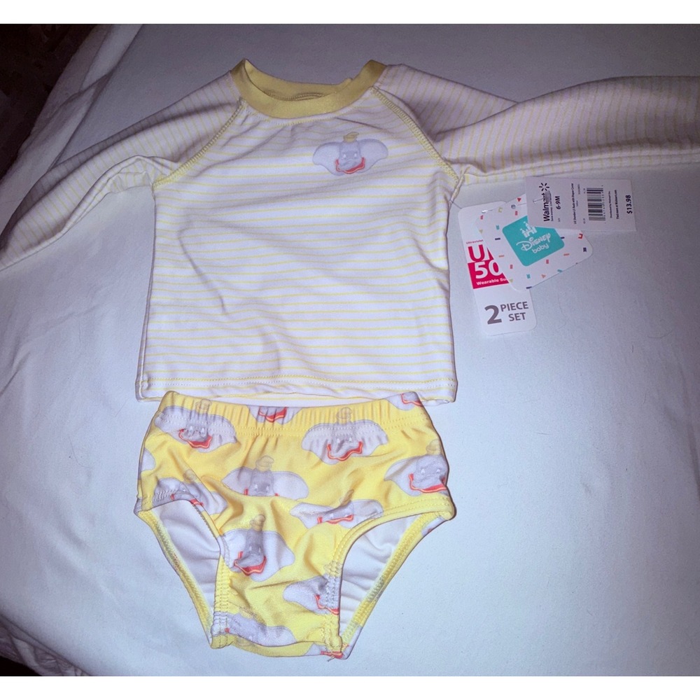 Disney Baby Dumbo Rash Guard Set Kids 6-9M Yellow New UPF 50+ 2pc Swimsuit